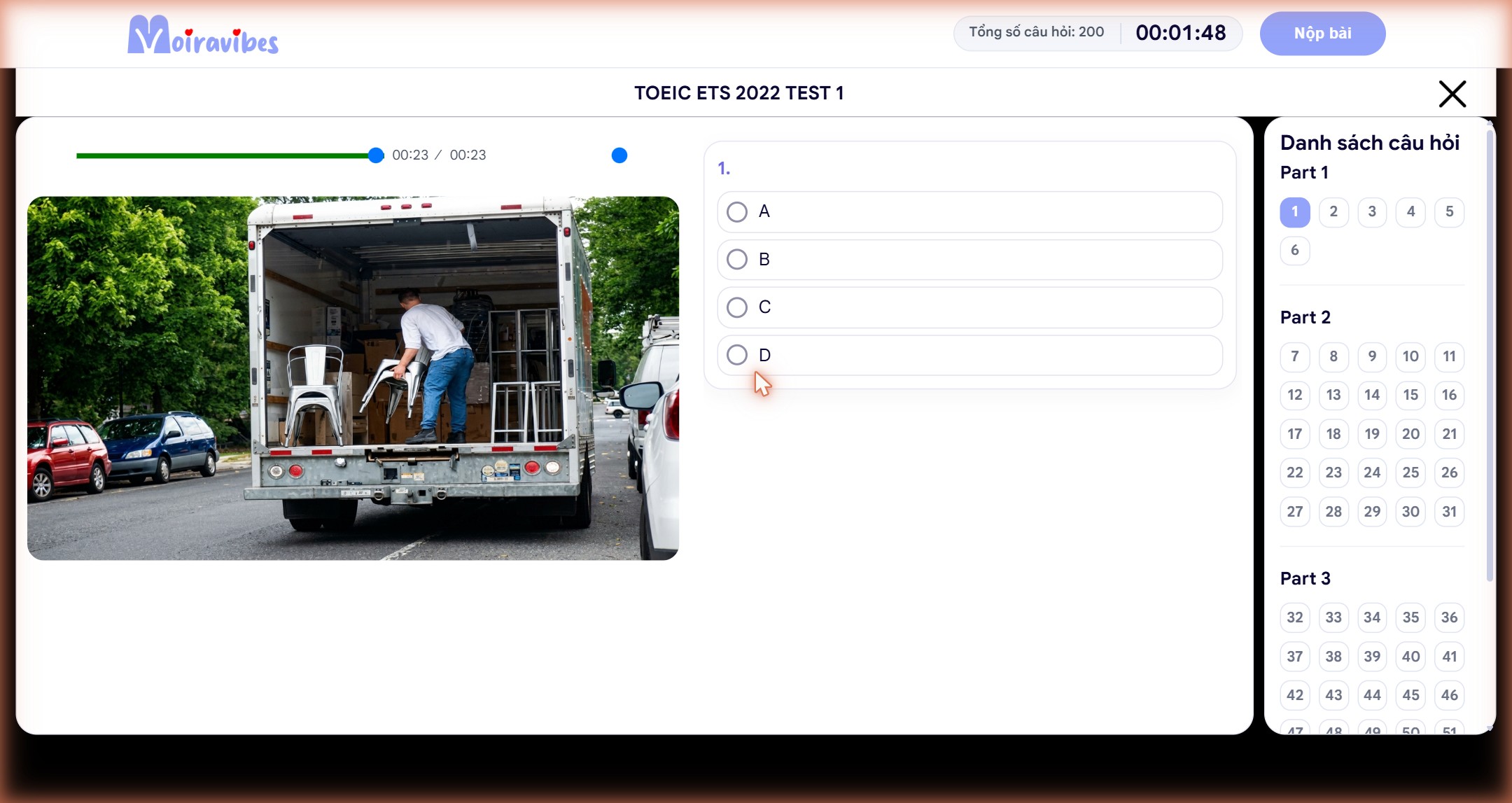 Part 1 phần nghe: thanh audio phía trên, ảnh câu hỏi bên dưới, đáp án A–D bên phải