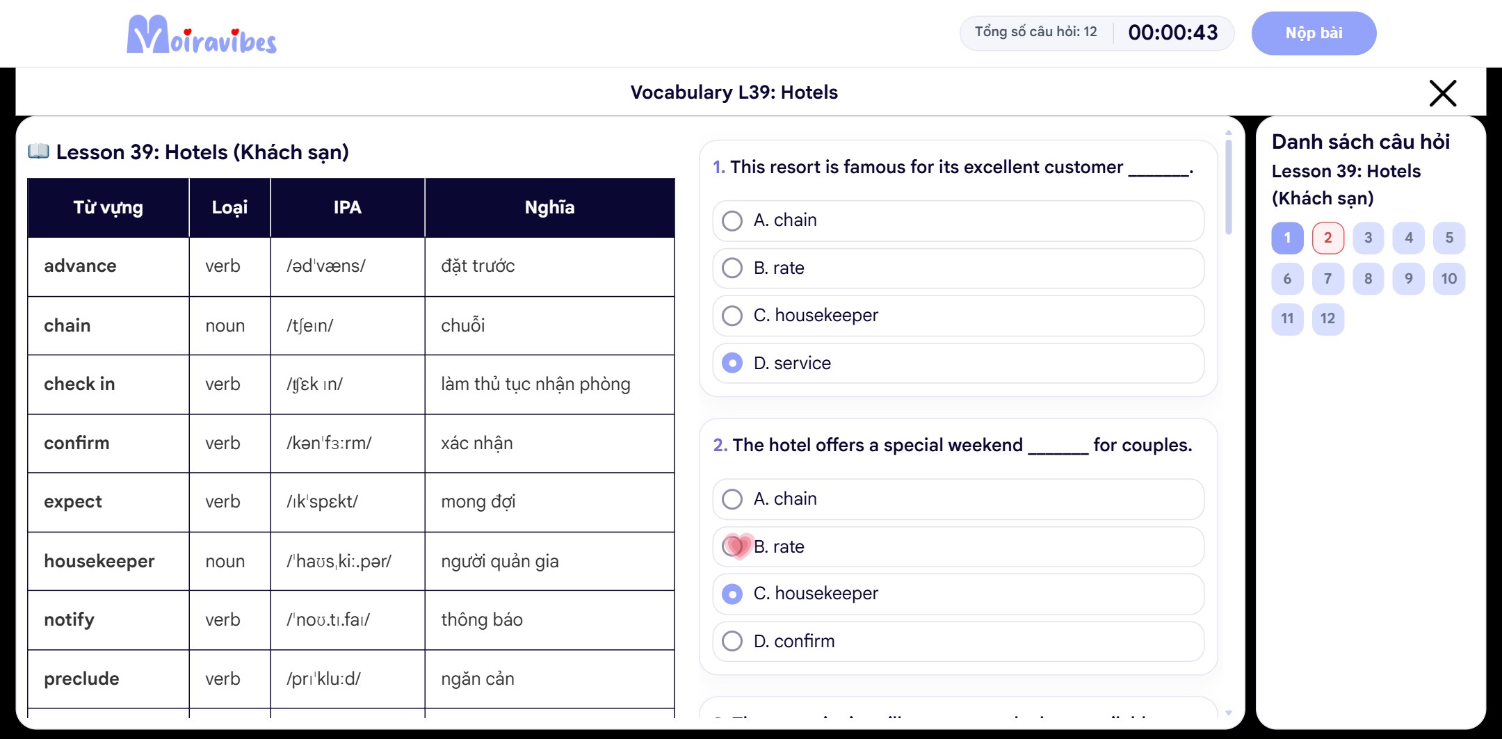 Bảng từ vựng với phiên âm IPA, nghĩa tiếng Việt và link ôn tập Quizlet ở cột trái
